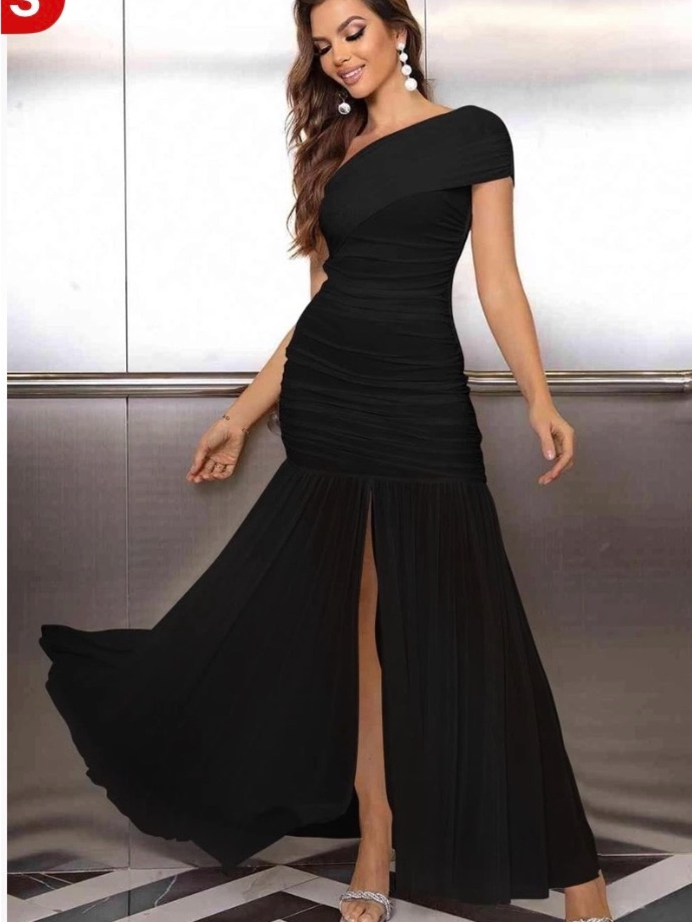 NWOT One-Shoulder Black Evening Gown with Front Slit SIZE XL